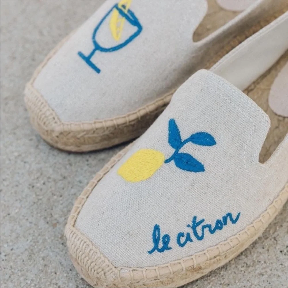 Soludos Limoncello Smoking Espadrille In Sand/Tan “Le Citron” Embroidery SZ 6